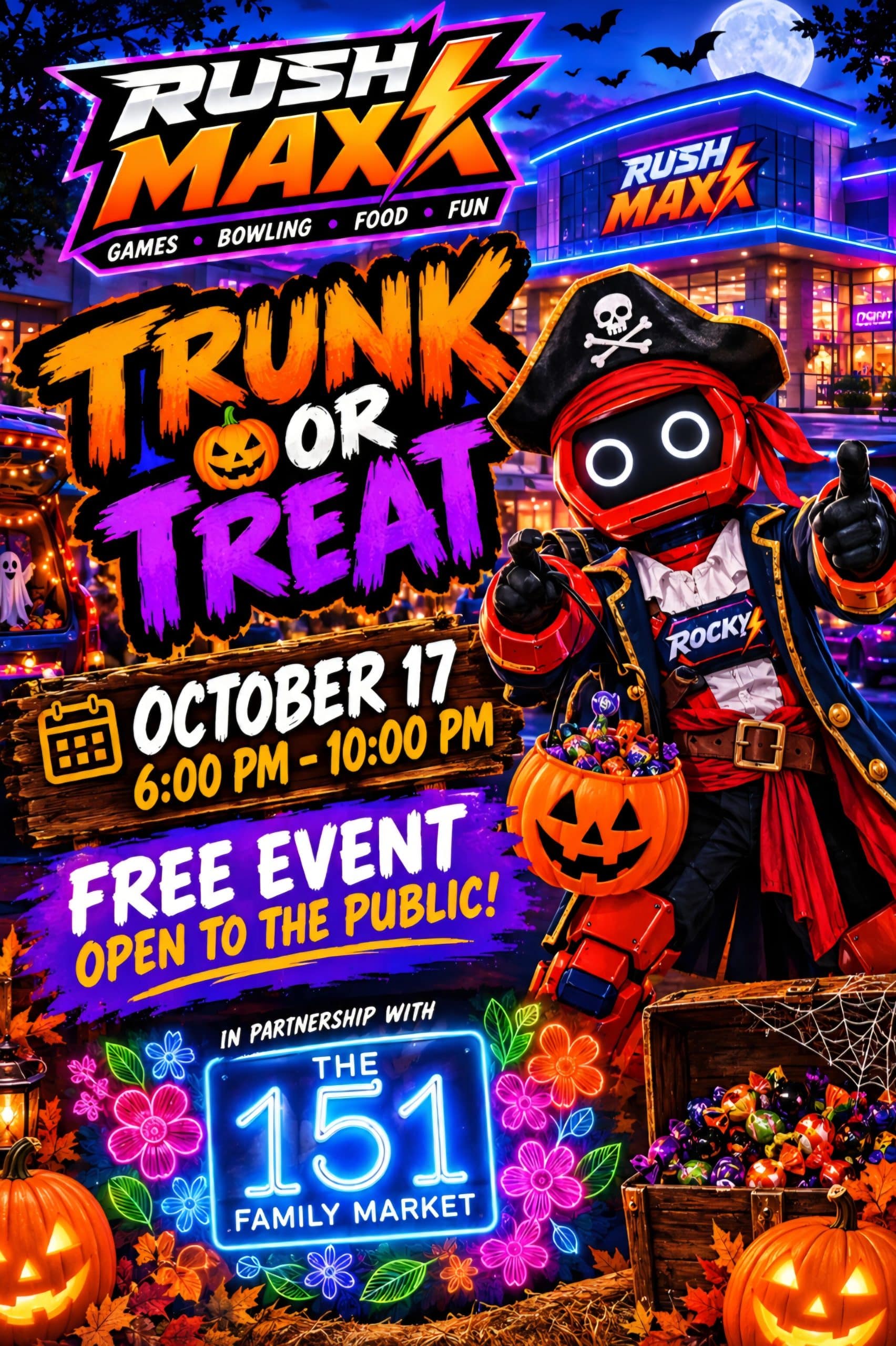 Rush MAXX Trunk or Treat poster: October 17, 6–10 PM, free event open to the public, in partnership with The 151 Family Market